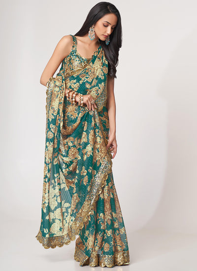 Teal Blue Floral Print And Sequence Embroidery Organza Saree In USA UK