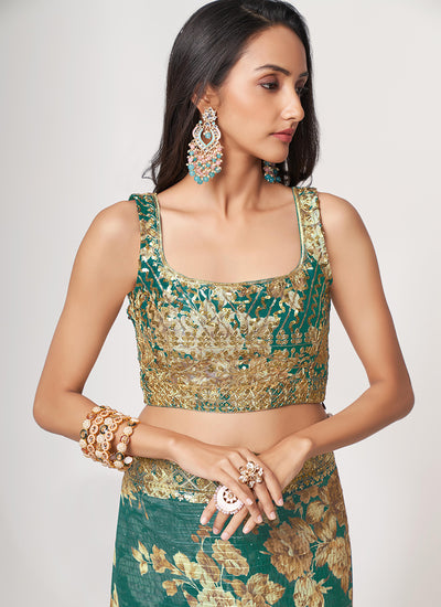 Teal Blue Floral Print And Sequence Embroidery Organza Saree In USA France