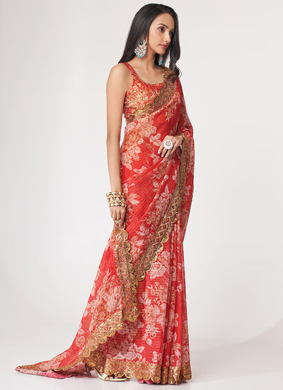 Red Floral Print Organza Saree In USA UK