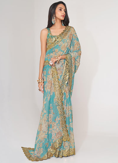Sky Blue Floral Print Organza Saree In USA UK