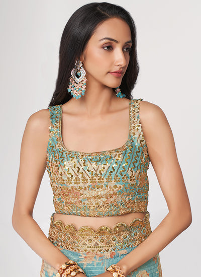 Sky Blue Floral Print Organza Saree In USA Singapore