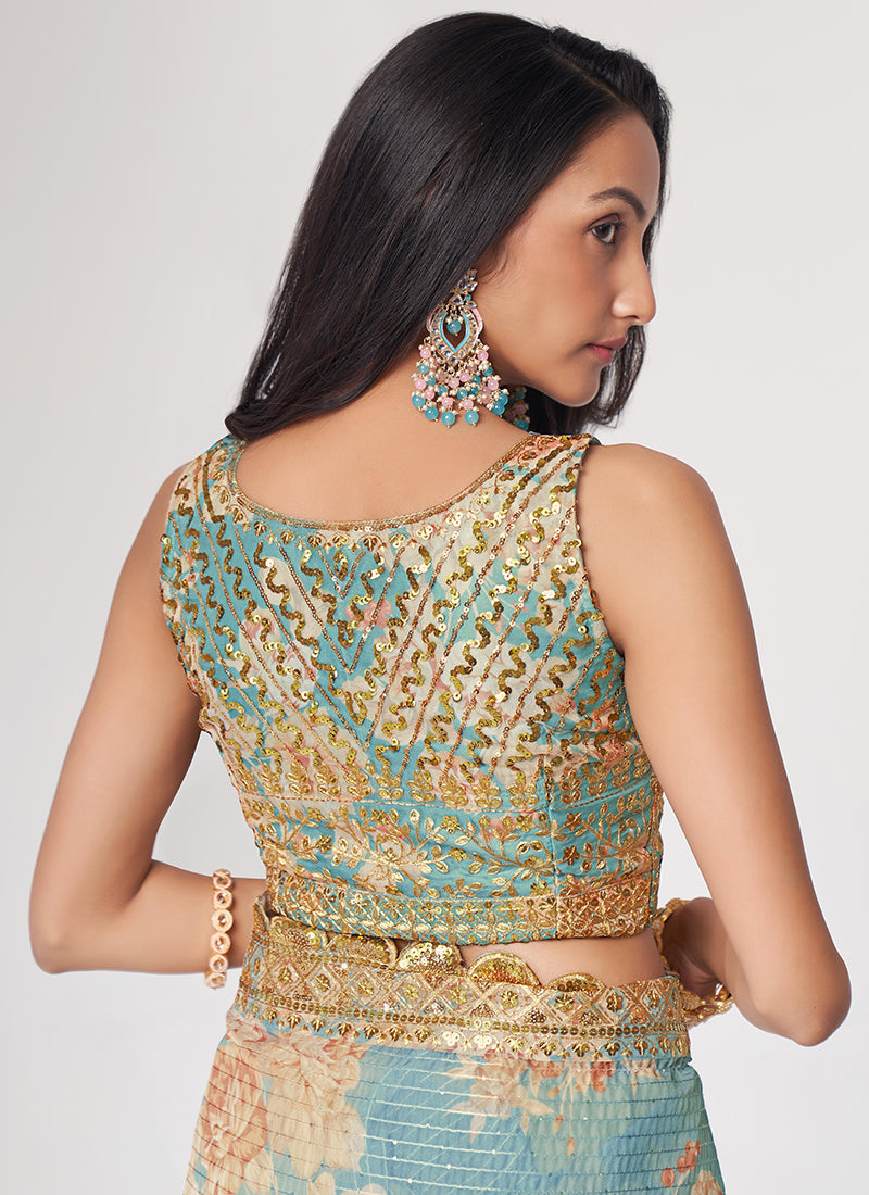 Sky Blue Floral Print Organza Saree In USA California