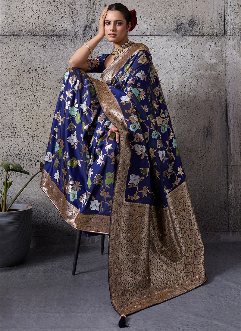 Blue Floral Banarasi Silk Saree