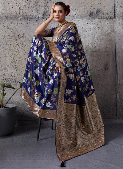 Blue Floral Banarasi Silk Saree