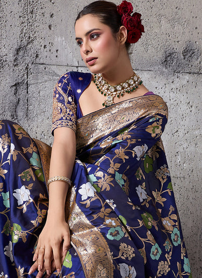 Blue Floral Banarasi Silk Saree