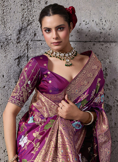Wine Floral Banarasi Silk Saree