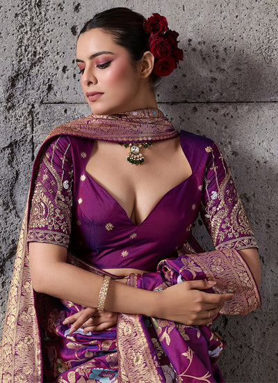 Wine Floral Banarasi Silk Saree