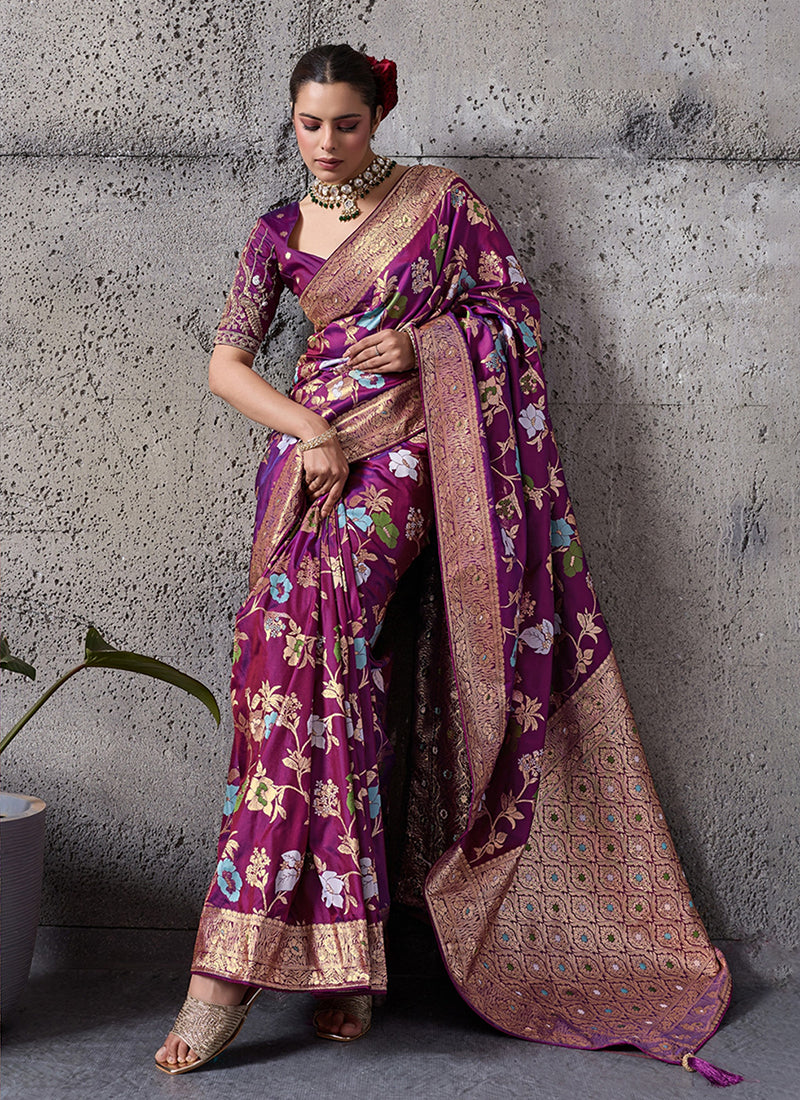Wine Floral Banarasi Silk Saree