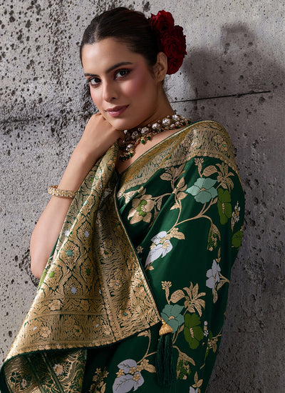 Green Floral Banarasi Silk Saree