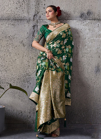 Green Floral Banarasi Silk Saree