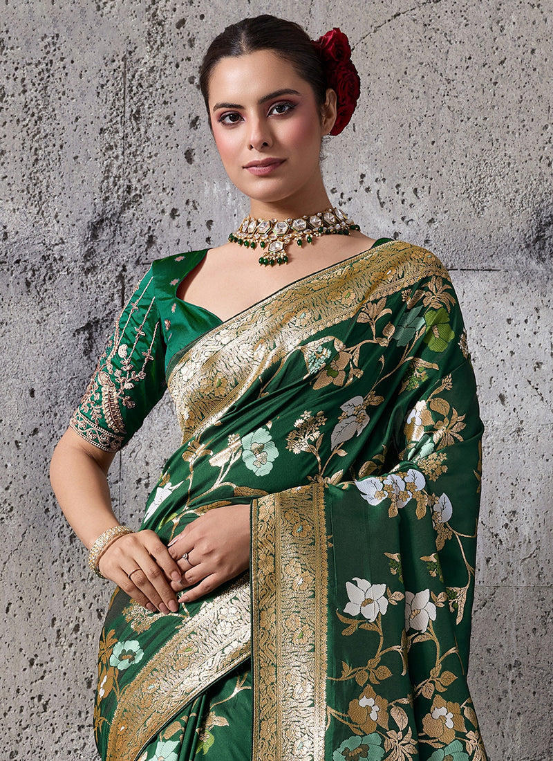 Green Floral Banarasi Silk Saree