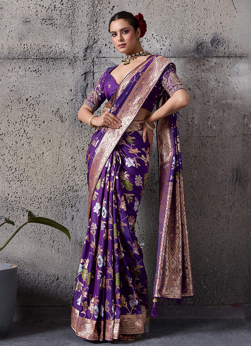 Purple Floral Banarasi Silk Saree