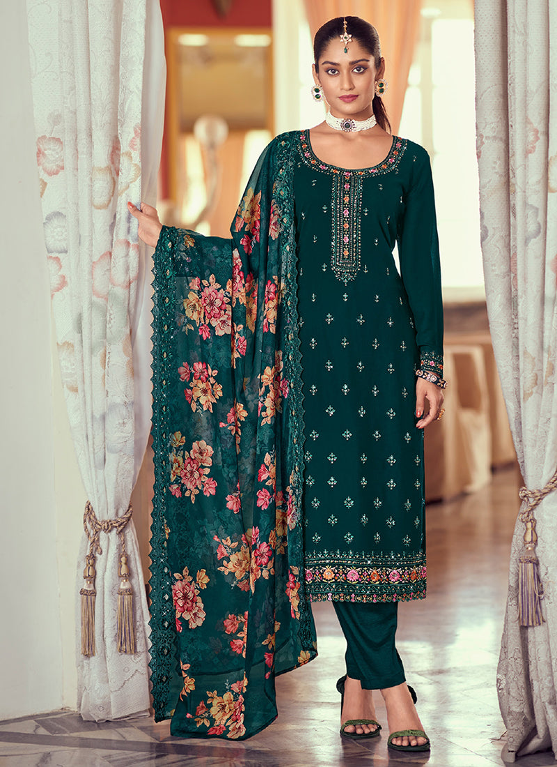Buy Indian Dress In Edmonton Turquoise Multi Floral Embroidery Pant Style Suit At Hatkay