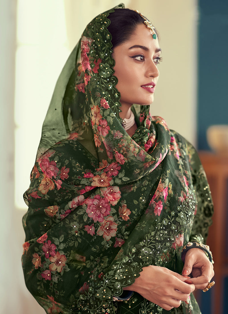 Buy Indian Dresses In Edmonton Green Multi Floral Embroidery Pant Style Suit At Hatkay