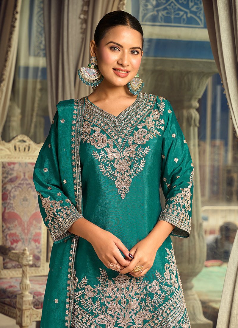 Turquoise Embroidered Silk Palazzo Suit