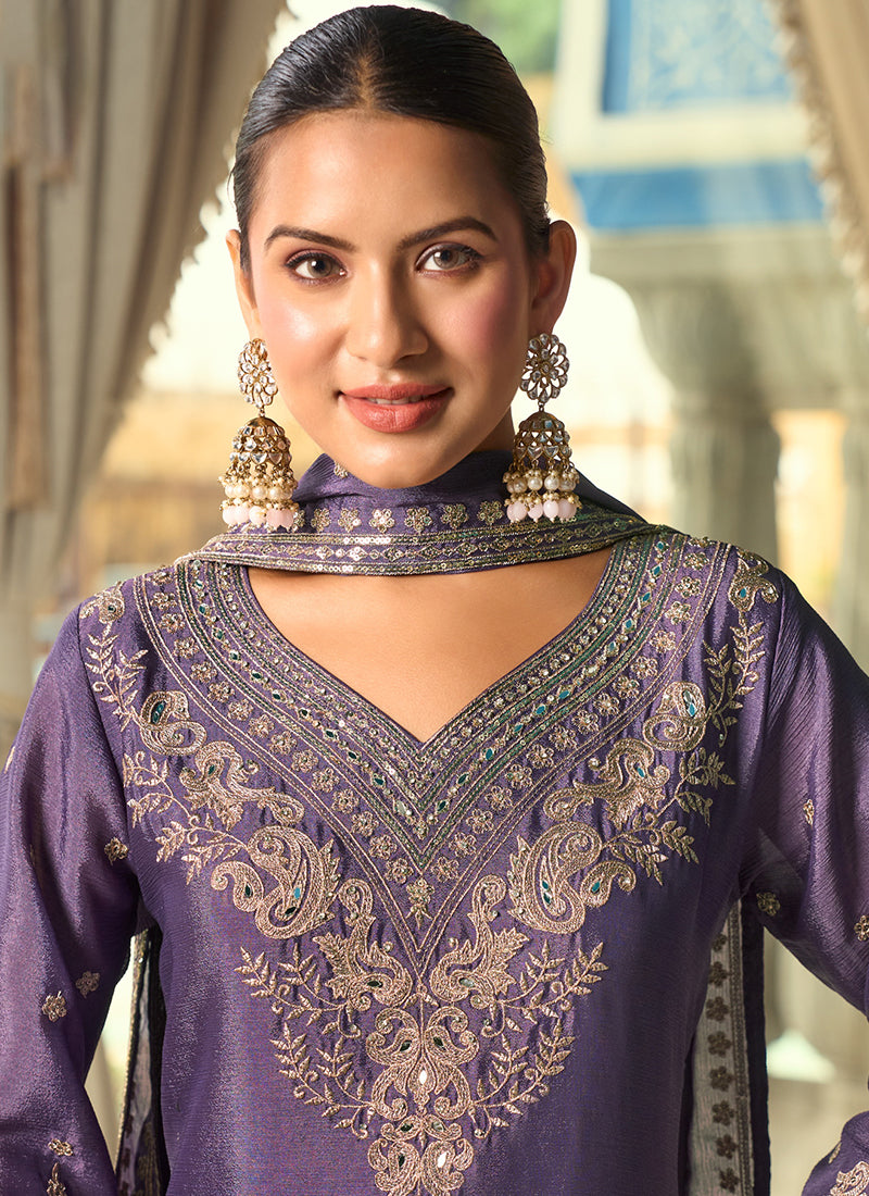 Purple Embroidered Silk Palazzo Suit