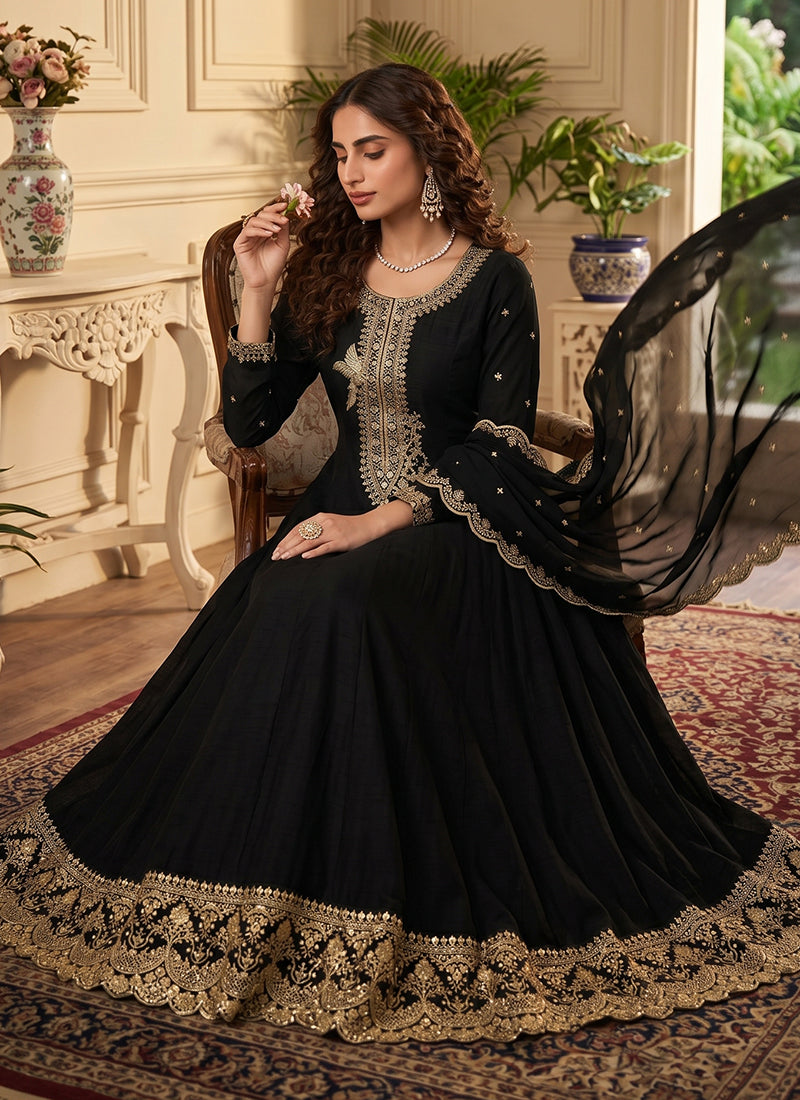 Black Embroidery Silk Anarkali Suit