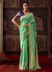 Green And Purple Zari Weaved Banarasi Crape Georgette Saree