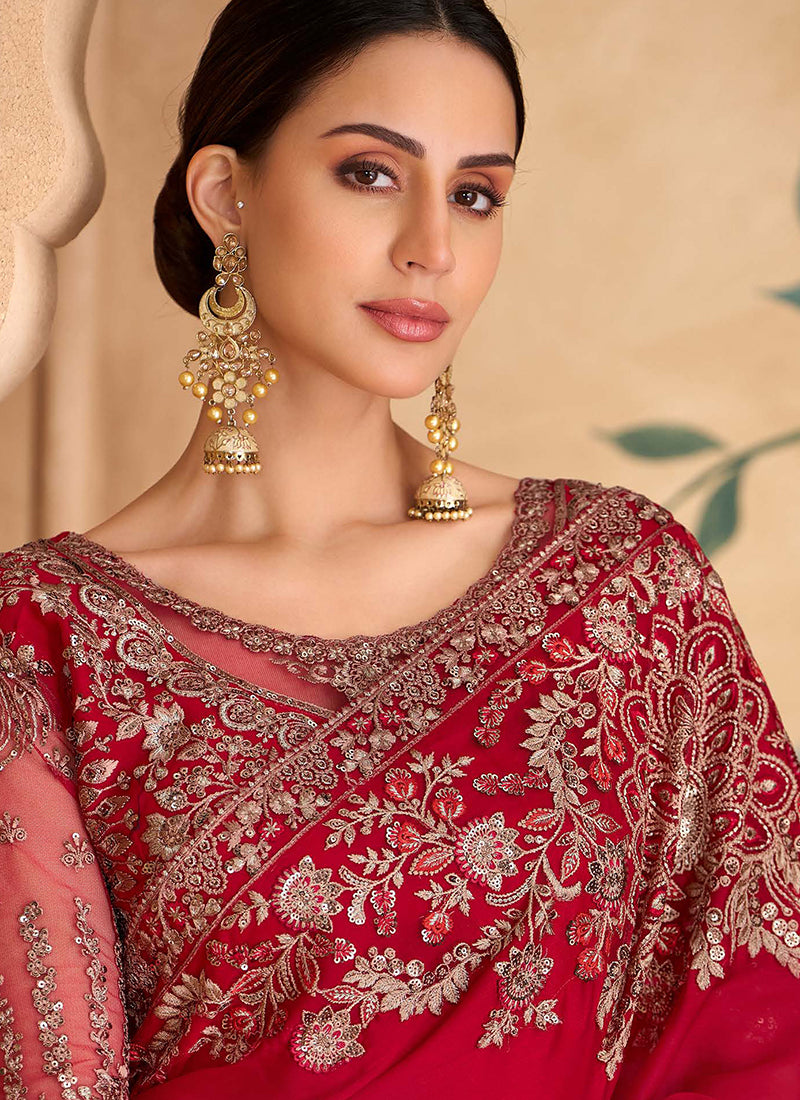 Bridal Red Multi Embroidery Wedding Saree