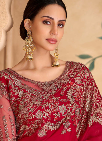 Bridal Red Multi Embroidery Wedding Saree