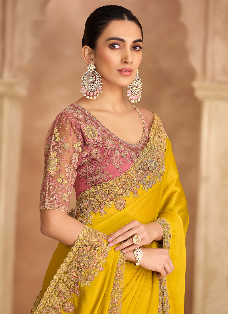 Yellow and Pink Multi Embroidery Wedding Saree
