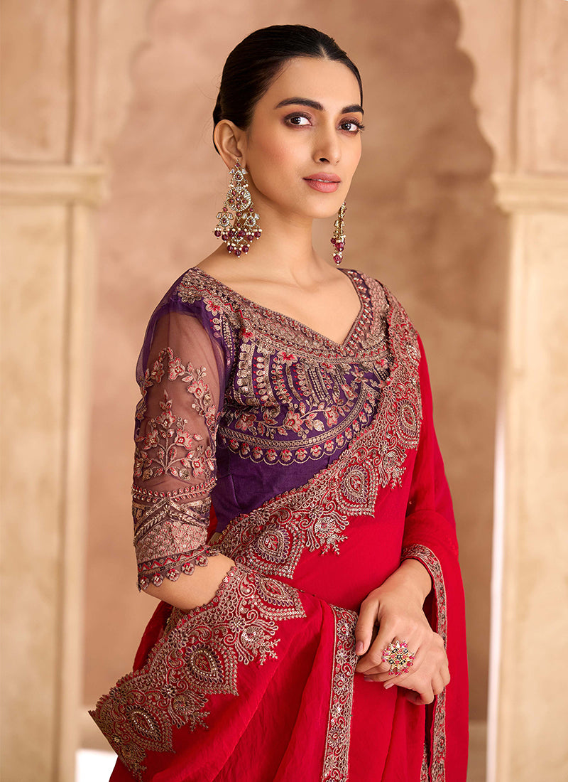 Red and Purple Multi Embroidery Wedding Saree