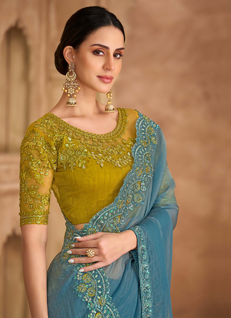 Blue and Yellow Multi Embroidery Wedding Saree