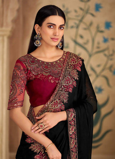 Black and Red Multi Embroidery Wedding Saree