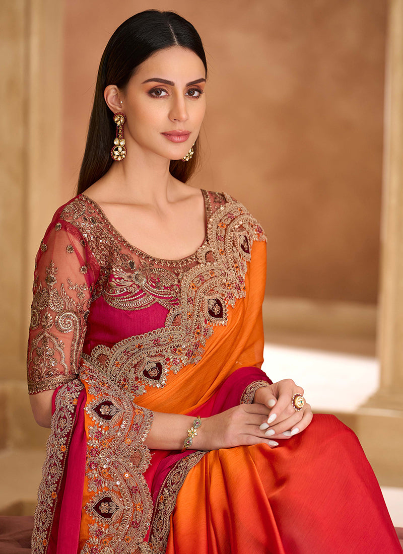 Red Orange Ombré Multi Embroidery Wedding Saree
