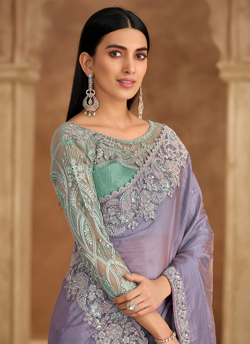 Lavender and Mint Multi Embroidery Wedding Saree