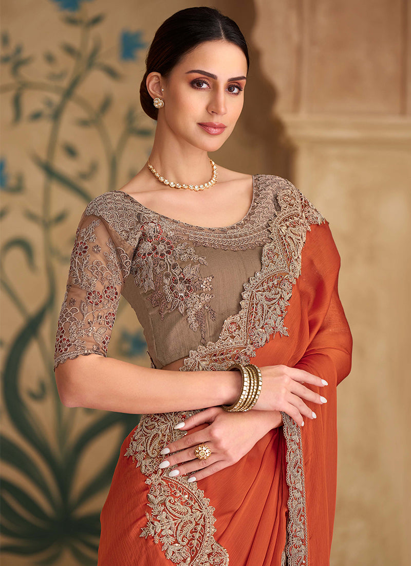 Orange Copper Multi Embroidery Wedding Saree