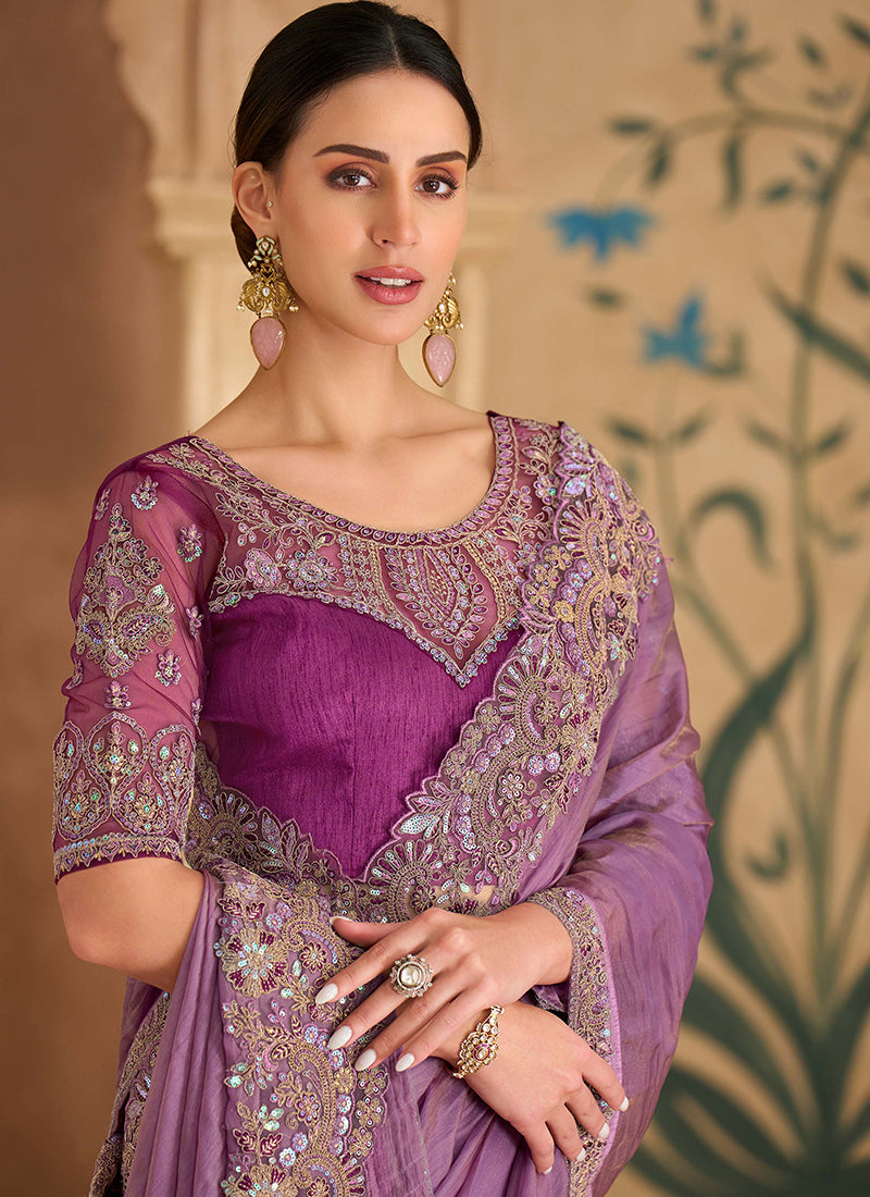 Purple Multi Embroidery Wedding Saree