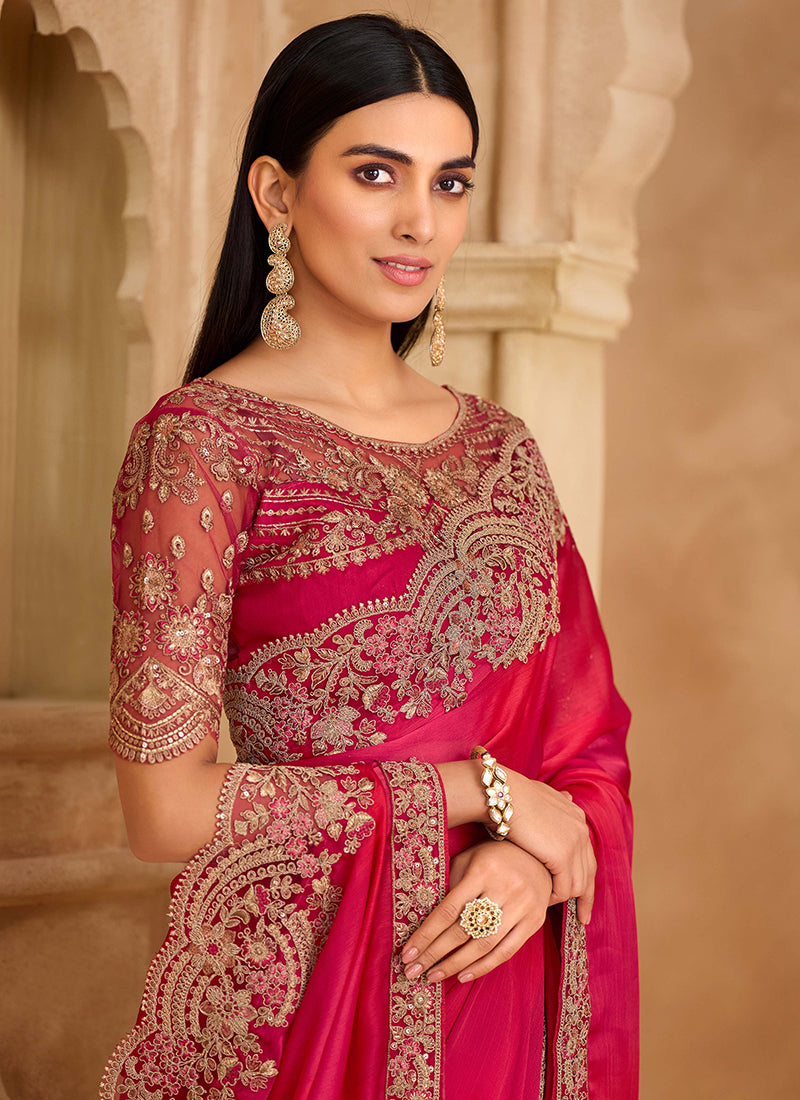 Cherry Red Multi Embroidery Wedding Saree