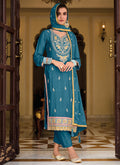 Turquoise Sequence Embroidery Designer Pant Style Suit