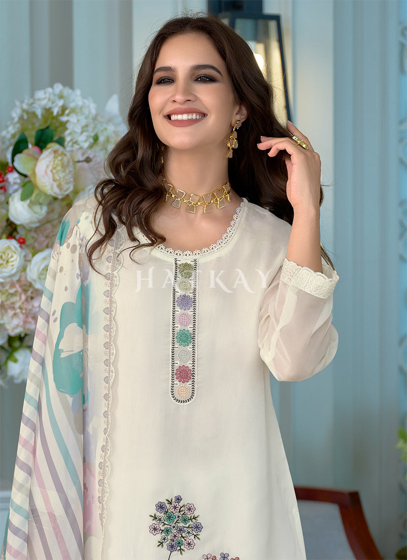 White Floral Embroidery Pant Style Suit