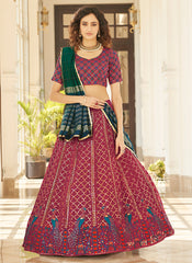 Cherry Red And Green Multi Embroidery Lehenga Choli