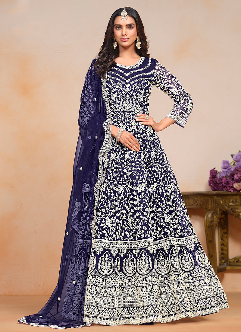 Buy Dark Blue Designer Embroidery Festive Anarkali Suit Online | Hatkay Buy Dark Blue Designer Embroidery Festive Anarkali Suit Online | Hatkay
