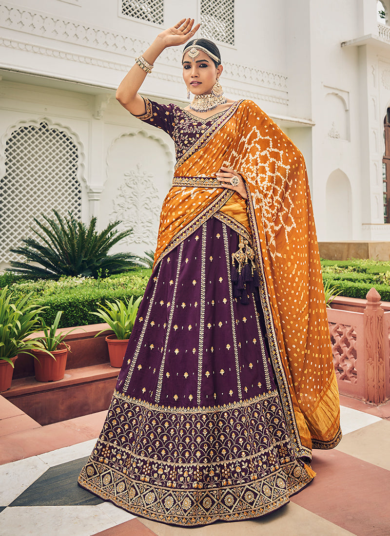 Deep Purple Multi Embroidery Festive Lehenga Choli