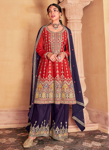 Red And Purple Multi Embroidery Anarkali Palazzo Suit
