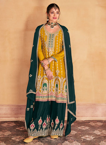 Yellow And Green Multi Embroidery Anarkali Palazzo Suit
