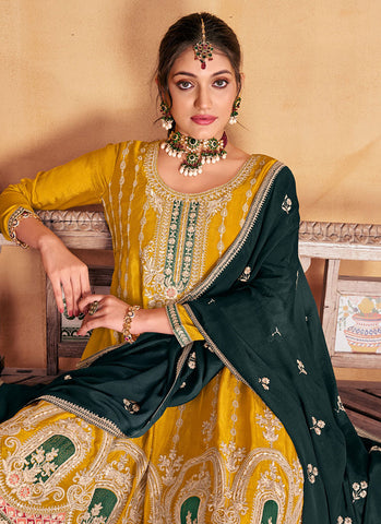 Yellow And Green Multi Embroidery Anarkali Palazzo Suit