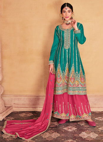 Turquoise And Pink Multi Embroidery Anarkali Palazzo Suit