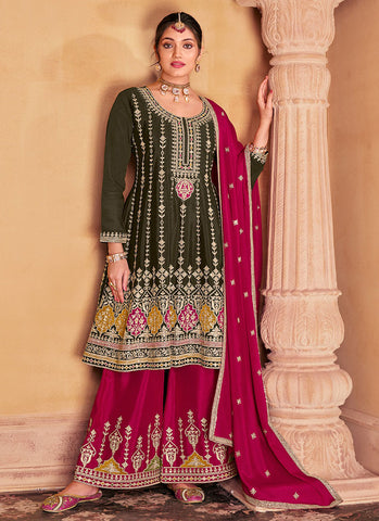 Olive Green And Pink Multi Embroidery Anarkali Palazzo Suit