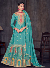 Turquoise Multi Embroidery Wedding Lehenga Kurti And Dupatta