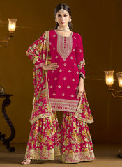 Hot Pink Traditional Embroidery Gharara Style Suit