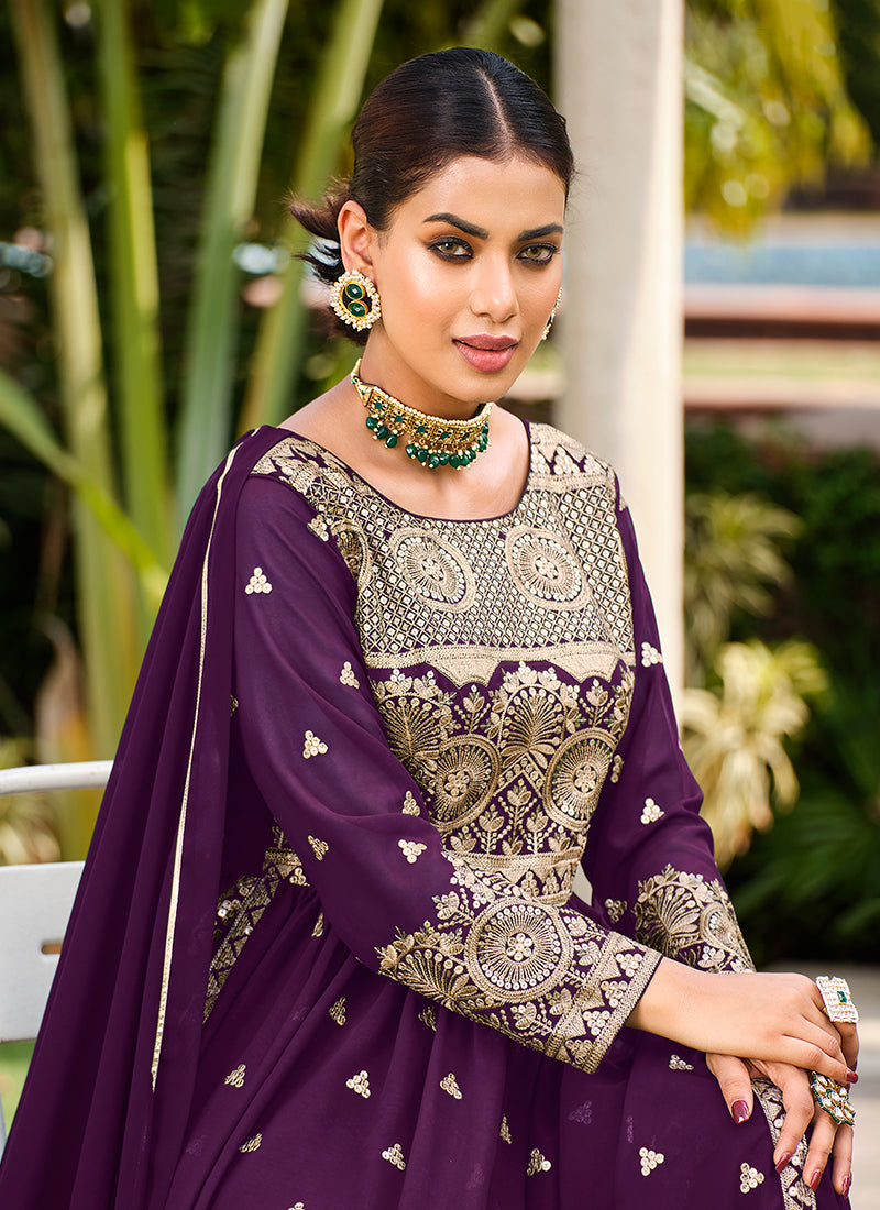 Roman Silk Embroidered Purple Festive Palazzo Suit