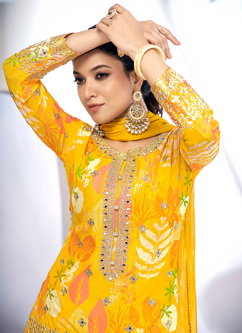 Indian Clothes - Yellow Golden Mirror Work Embroidery Gharara Suit