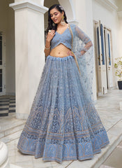 Greyish Light Blue Thread Embroidery Wedding Lehenga Choli And Dupatta