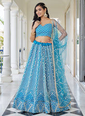 Sky Blue Embroidery Wedding Lehenga Choli