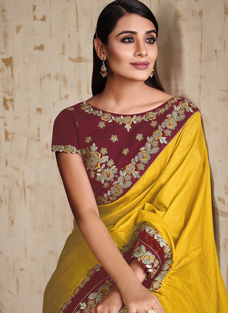 Yellow And Maroon Wedding Saree In USA UK